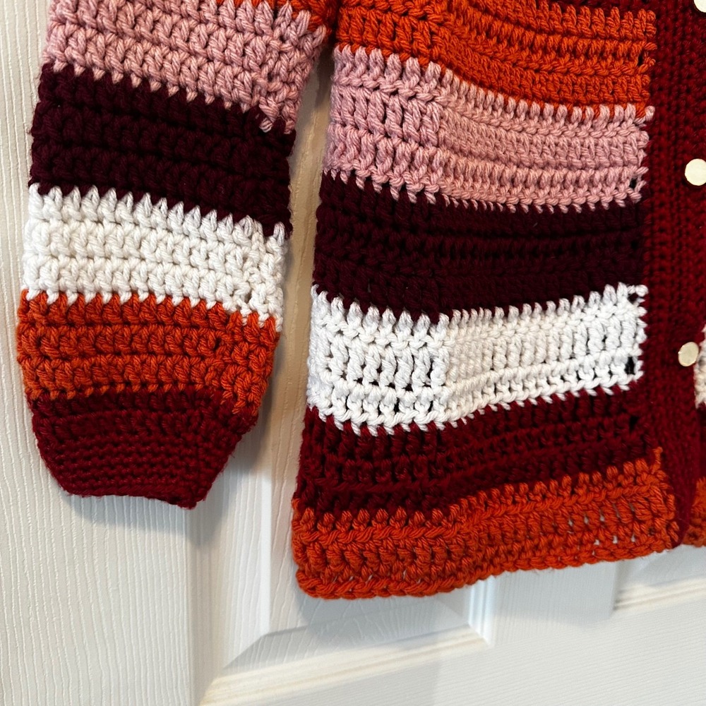 Crochet Cardigan‎ Multicolor Striped Button Front Boho Festival Sweater M - Picture 3 of 8